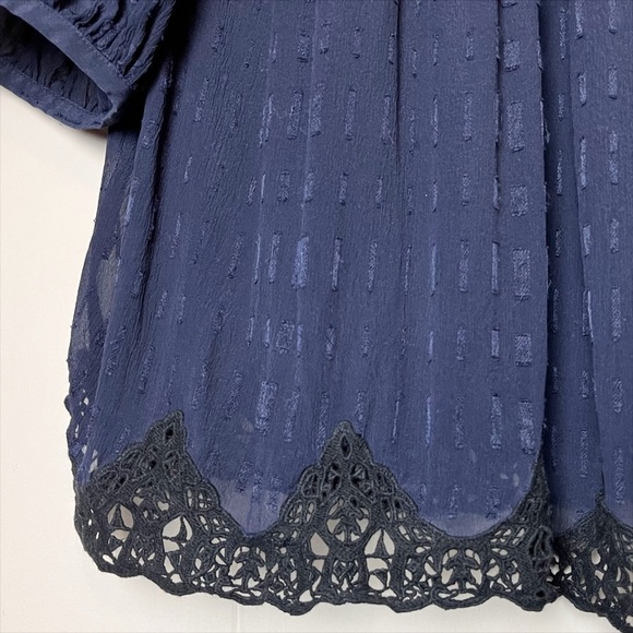 Rebecca Taylor 100% Silk Clip Mix Top 6 navy blue black lace sheer puff sleeve - Picture 4 of 12